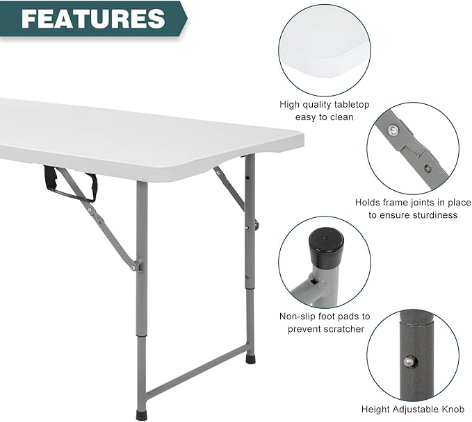 FDW 4 Foot Outdoor Dining Table, Foldable Portable Rectangular Plastic Folding Table with Built in Carrying Handle and Height Adjustable for Party and Wedding Use, White