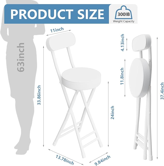 Folding Stool,Cushioned Padded Folding Bar Stool,24inch White Height Heavy Duty Portable Chair Stool with 300lbs Capacity for Kitchen Living Room Garden Camping Fishing