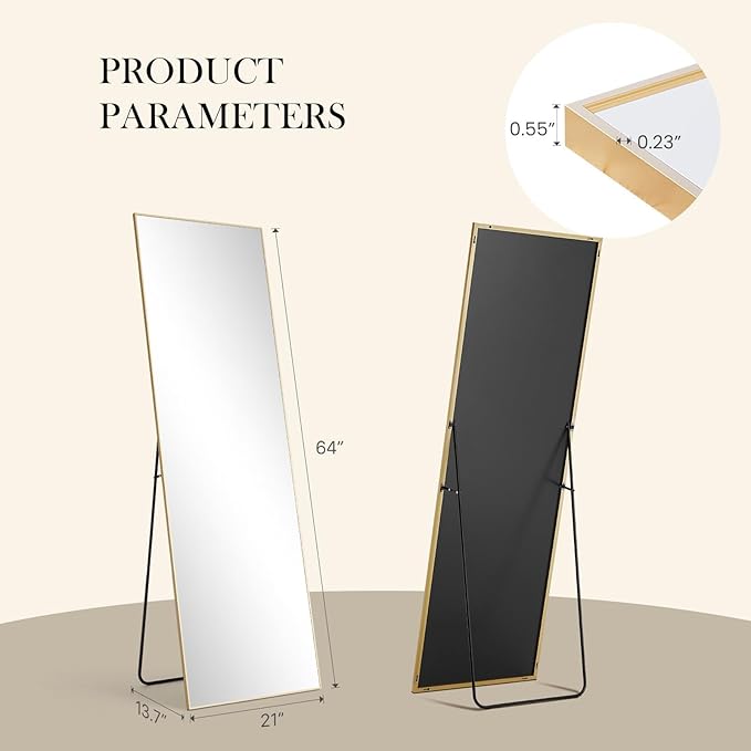 NEWBULIG 64"x21" Full Length Mirror, Full Body Floor Mirror with Aluminum Alloy Thin Frame, Wall or Standing Mirror for Bedroom, Living Room, Dressing Room, Gold-Rect