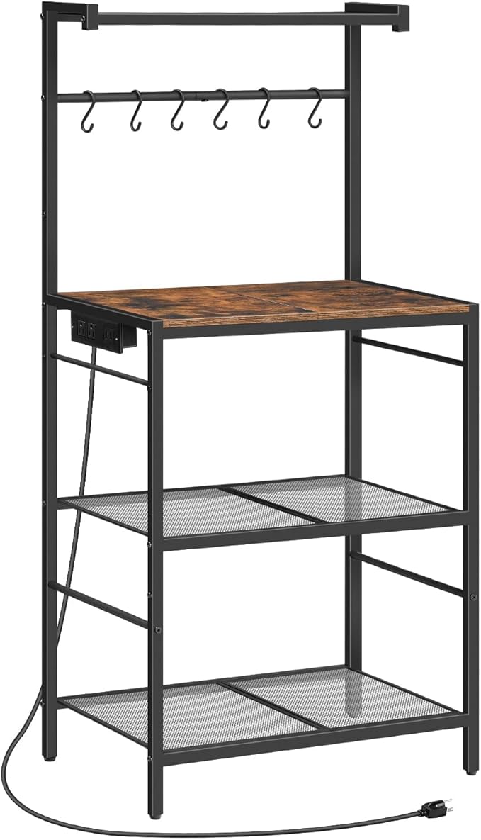 MAHANCRIS Bakers Rack with Power Outlet, Kitchen Storage Shelf with 6 Hooks, Microwave Stand with Storage, 4-Tier Coffee Bar Station, for Kitchen, Dining Room, Rustic Brown BRHR35E01