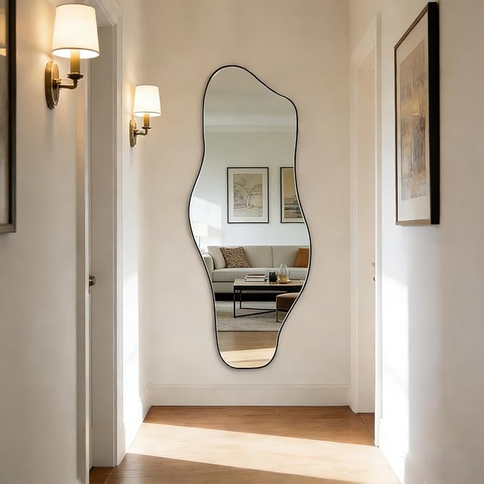 Irregular Frameless Mirror, 60"x24" Large Asymmetrical Tempered Glass Mirror, Modern Organic Shape Mirrors for Living Room Bedroom Hallway Entryway, Hangs Vertically or Horizontally