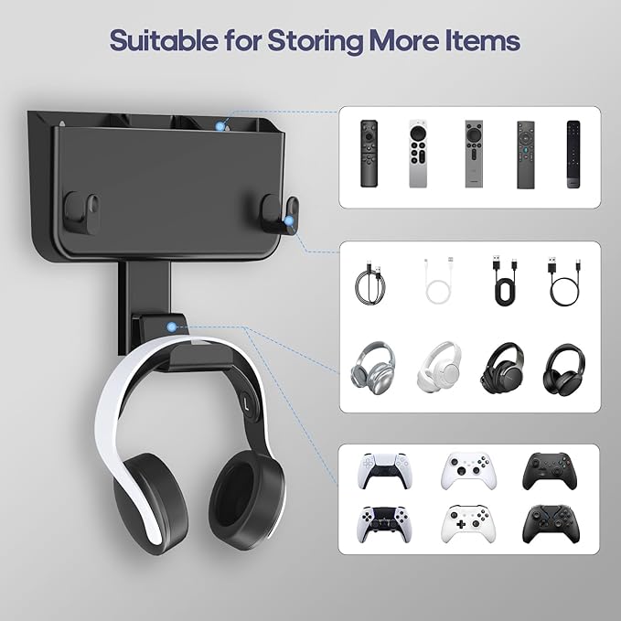 Kytok Adhesive Remote Control Holder Wall Mount with Headset Hanger, 3 in 1 Organizer TV/Fan Remote Caddy with Hook for Headphone, No Drill Controller Storage Bracket, Bed Wall Rack