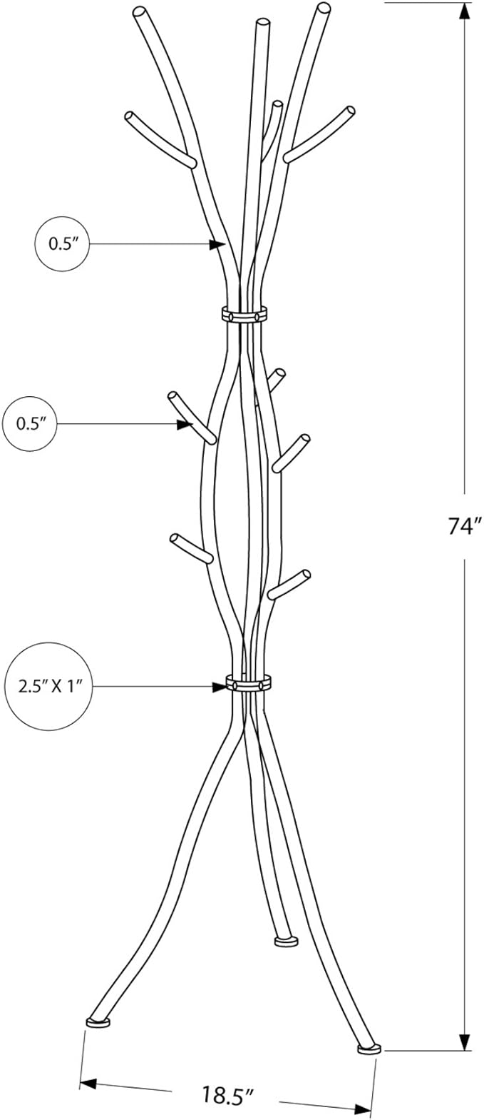 Monarch Specialties Coat Rack - Coat Tree with 8 Hooks, Hammered Metal 74" H (Black)