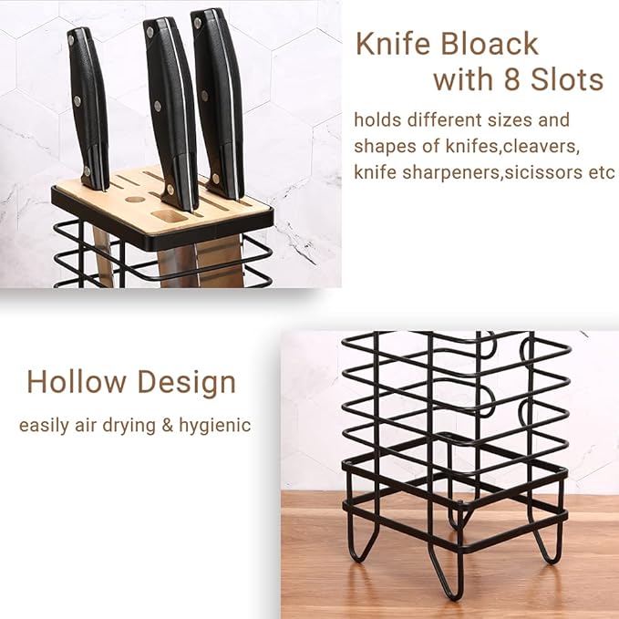 LINFIDITE Knife Block Holder Universal Kitchen Knife Organizer Storage Stand 8 Slots Top Hollow Iron Wire Safe to Use Different Size Shape Knife Sharpeners Scissors Kitchen Countertop Black