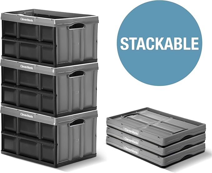 CleverMade Collapsible Storage Bins 32L 3 Pack – Heavy Duty Foldable Storage Bins with Built-In Handles for Garage Storage and Home Organization - Ocean