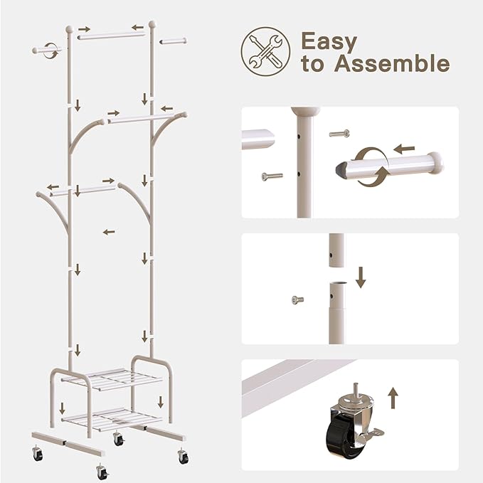 Rolling Clothes Rack with 2 Metal Shelves, 71" Portable Clothing Rack with Wheels, Small Garment Rack with 2 Side Hanging Rods, Freestanding Coat Rack for Laundry Room, Bedroom, White