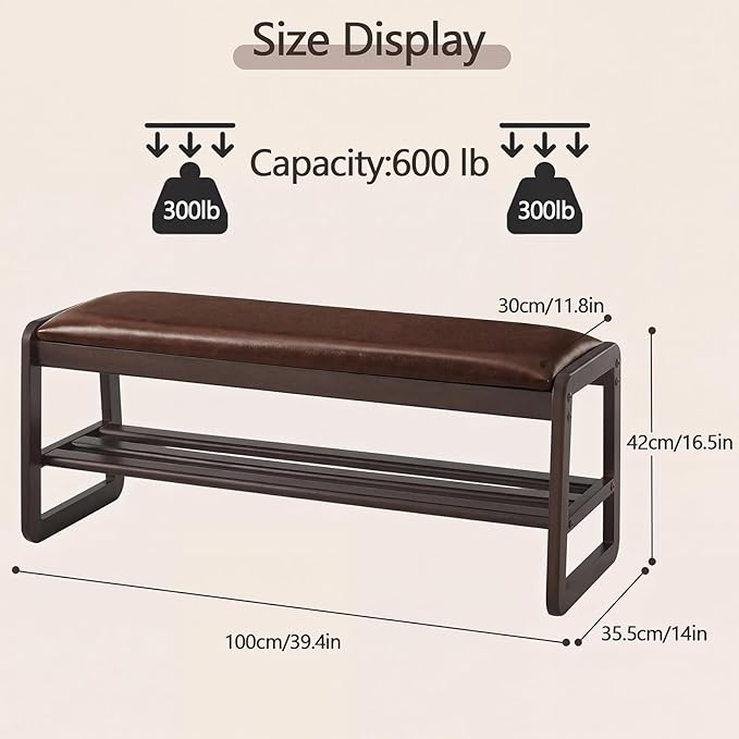 Achicsofar Shoe Rack Bench,2 Tier Solid Wooden Entryway Bench with Shoe Storage, Shoe Rack with Cushion for Living Room, Hallway(Brown, 39.4")