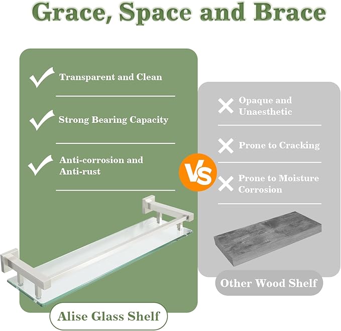 Alise Glass Shelf for Bathroom 20 inch, Brushed Nickel Glass Floating Shelves, Stainless Steel Glass Bathroom Shelves Wall Mounted