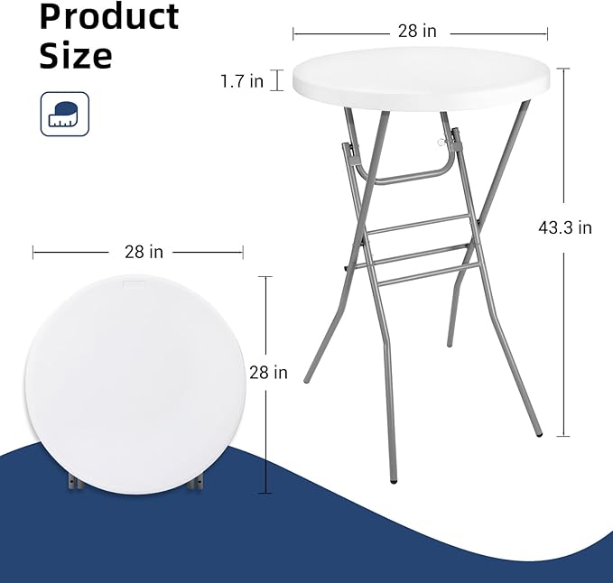 Byliable 28in Cocktail Table White High Top Folding, Round Portable Bar Height Folding Table with Removable Legs, Indoor Outdoor Banquet for Parties, Commercial, Speech, School