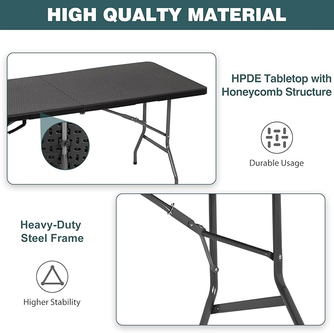 FDW 6 Foot Outdoor Dining Table, Foldable Portable Rectangular Plastic Folding Table with Built in Carrying Handle for Party and Wedding Use, Black Ratten