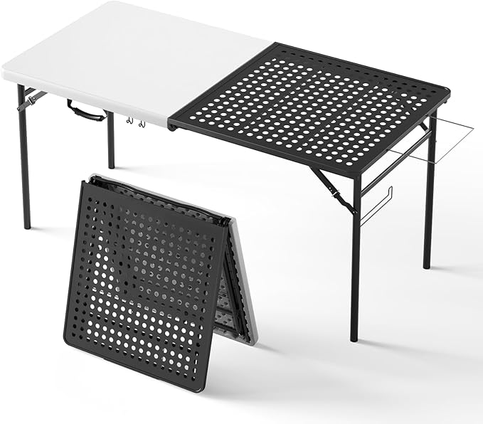 Folding Table, 5ft Folding Grill Table, Portable Camping Table for Cooking & BBQ Prep, 2-in-1 Metal&Solid Surface Foldable Grill Station for Outdoor Camping, Backyard, Patio Use,(Black and White)