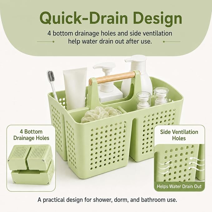 Portable Shower Caddy Basket with Wood Handle, 3-Compartment Bathroom Organizer Tote with Drain Holes, Plastic Shower Basket for Dorm, Toiletries, Cleaning Supplies,Grass Green
