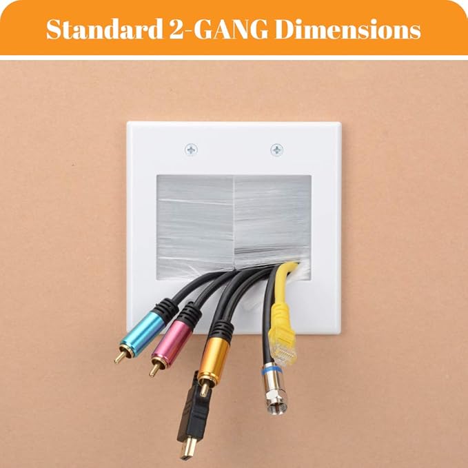 2 Gang Brush Wall Plate White 2 Pack, Double Gang Cable Management Kit for TV Coaxial, HDMI, Ethernet Cables, Speaker Wires and Power Cords Pass Through.