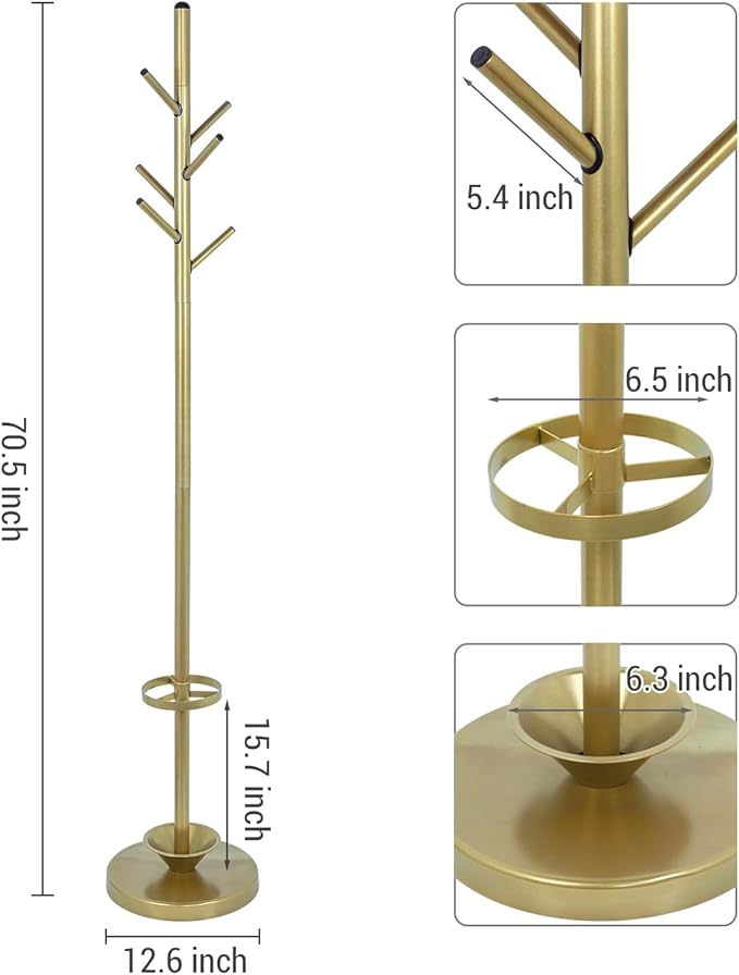 MyGift Freestanding Coat Rack, Modern Brass Tone Metal Hat Organizer Tree and Umbrella Holder Stand with 6 Hanger Hooks for Hanging Clothes Purse Bag Jacket