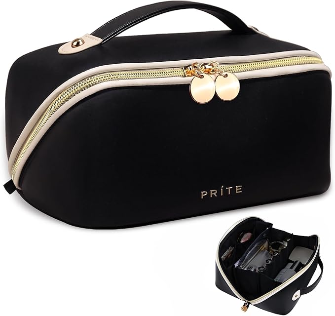 Prite Makeup Bag for Women Travel Waterproof Vegan Leather Cosmetic Bag Open Flat Toiletry Bag With Clear Divider and Handle (Black, Large Pro)