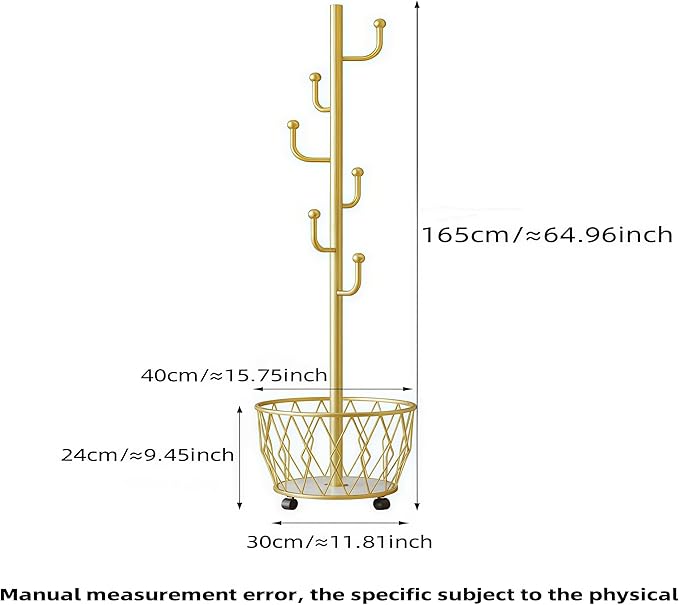 Cactus shaped Freestanding Metal Coat Rack Stand with Basket Modern Organizer for Scarf Jacket Hat Bags Ideal for Home Entryway Bedroom Corner Stable and Moveable (gold)