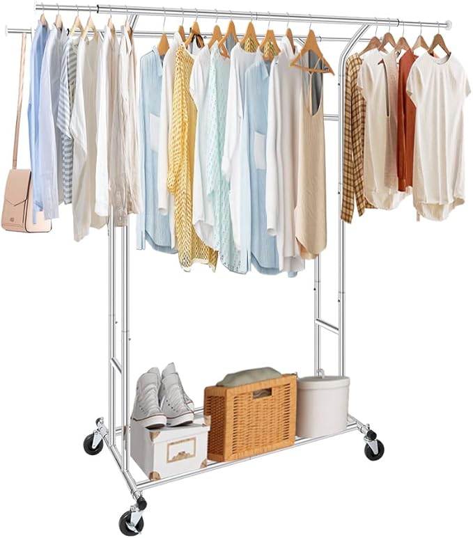 Fishat Silver Heavy Duty Double Rod Garment Clothes Rack for Hanging Clothes Chrome, Commercial Rolling Organizer Commercial Metal with Lockable Wheels Mobile for Coats Dresses