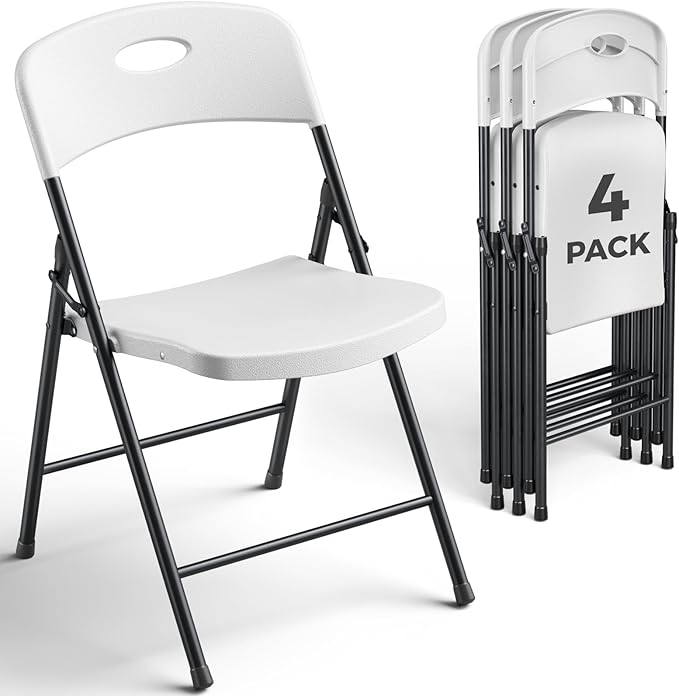 4 Pack White Folding Chair, Plastic Portable Stackable Commercial Seats with Steel Frame 350lb, Heavy Duty Foldable Chair for Indoor and Outdoor, Patio, Office, Picnic, Kitchen, Events