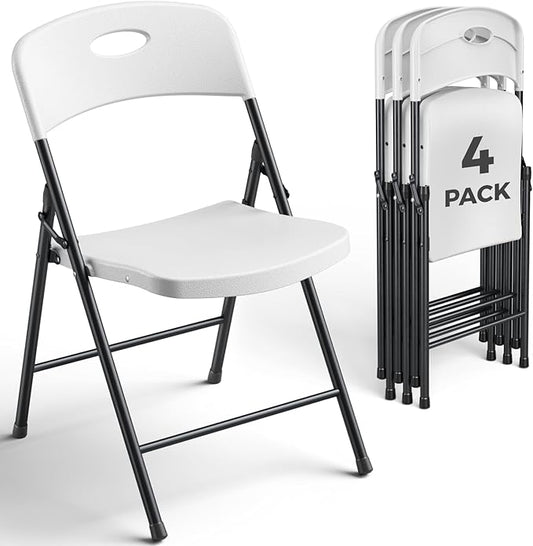4 Pack White Folding Chair, Plastic Portable Stackable Commercial Seats with Steel Frame 350lb, Heavy Duty Foldable Chair for Indoor and Outdoor, Patio, Office, Picnic, Kitchen, Events