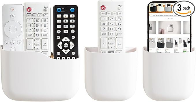 Remote Holder Wall Mount TV FAN Remote Control Holder Bedside Caddy Wall Organizer Phone Holder for Office Adhesive Media Player Controller Holder Box Tray Home Desk Nightstand 1 BIG 2 SMALL WHITE