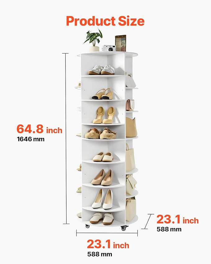 VEVOR 7 Tier Rotating Shoe Rack Tower with Adjustable Shelves, Movable 360° Spinning Carousel Display with Wheels, Lazy Susan Organizer Closet for Bedroom, Living Room, Entryway, Closet, White
