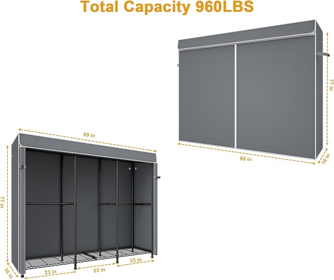ULIFHOME E14C Pro Heavy Duty Closet Organizer System，Freestanding Clothing Racks for Hanging Clothes，Adjustable Garment Rack 69" W × 16" D × 77" H Hold 960 lbs，Black Rack with Grey Dustproof Cover