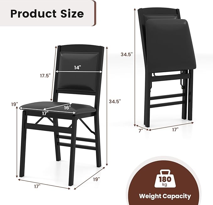Giantex Folding Dining Chairs Set of 2, Black Wood Kitchen Chair w/Padded Seat, Solid Wood Frame, Max Load 400 Lbs, No Assembly, Easy to Store Foldable Wooden Dining Chairs for Apartment, Small Space