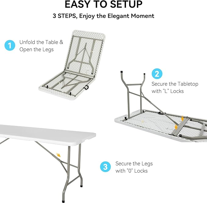 20 Pack of 6 Foot Foldable Table with Built in Handle & Steel Legs ,Heavy Duty Portable ,Perfect for Party, Dining, Wedding, Events, Picnic Indoor, Outdoor, Camping, Utility, Folding(white-20pac)