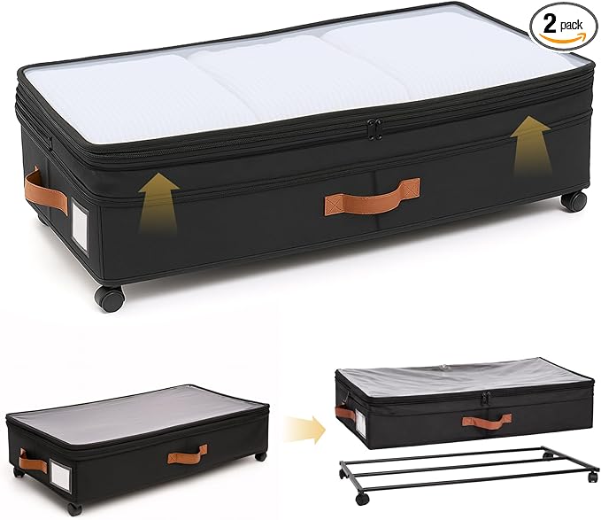 AVOKIHI 2 Pack Under Bed Storage with Wheels (Adjustable Height 7.9"-9.5"), 75L Rolling Underbed Storage Containers, Collapsible Metal Frame & Washable Fabric Drawer for Clothes, Shoes, Blankets