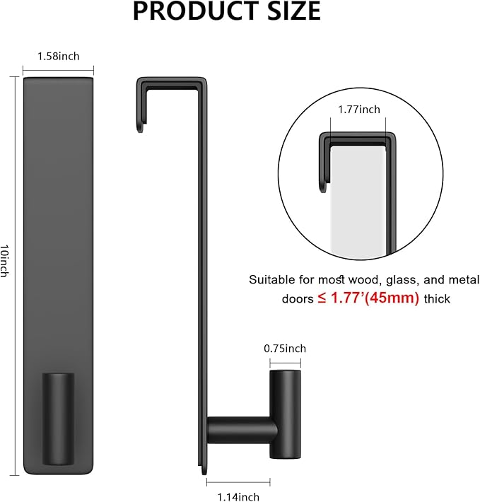 PMMASTO 10 Inch Extended Over The Door Hooks 2-Pack, Rustproof Stainless Steel Door Hanger with Non-Slip Pads for Bathroom Kitchen Entryway (Black, Fits 1-3/4" Thick Door, T Shape 2 Pack)