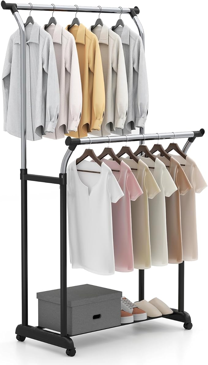 Giantex Double Rod Clothing Rack, Portable Garment Clothes Rack with Adjustable Height & Wheels, Heavy-Duty Metal Rolling Wardrobe Rack for Bedroom, Laundry, Dressing Room