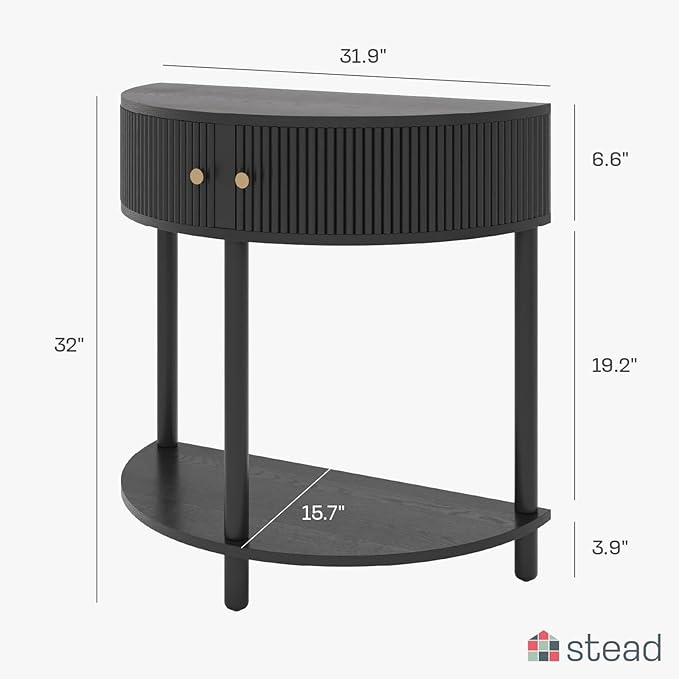 Stead Entryway Table Fluted Half Moon Console - Semicircular, Black Oak Veneer - Hidden Storage with Two Fluted Doors & Brass Knobs - Modern Narrow Console Table for Living Room & Hallway