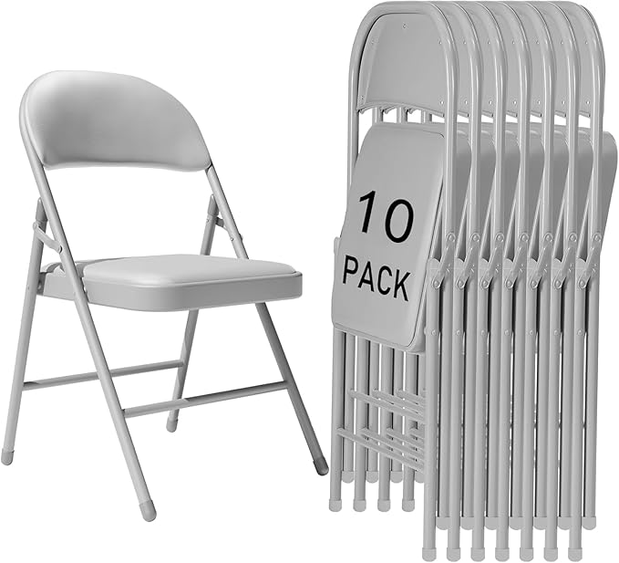 Grey Folding Chairs 10 Pack, 350LBS Heavy-Duty Steel Frame Padded Foldable Chairs for Indoor Outdoor Wedding Party Dining Events