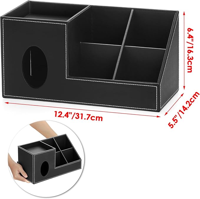 Sumnacon Tissue Box Cover, Square PU Tissue Box Organizer, Leather Tissue Covers with Storage, Stylish Tissue Holders for Bahtroom Living Room Kitchen Dining Table Desk Office, Black
