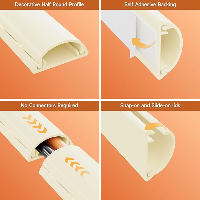 Delamu 85in Adhesive Cord Hider Wall, Mounted TV Cord Cover Kit, Multiple Cable Raceways for Wall Corner, Wire Cover Hiders for 1-2 Cables, 1.18" W X 0.43" H, Beige