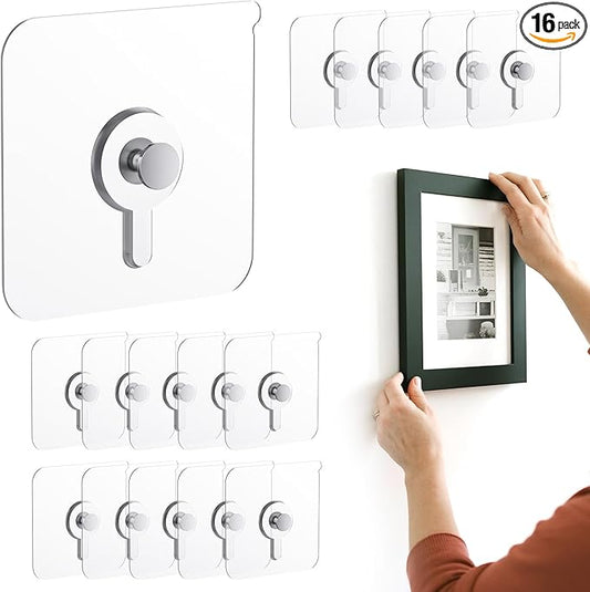 16 Pcs Picture Hangers Without Nails, 20 Ibs Load Heavy Duty Self Adhesive Wall Hooks for Hanging, Waterproof Adhesive Picture Hooks for Bathroom Kitchen, Transparent Sticky Hooks for Frames