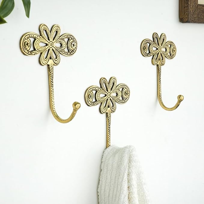 Indian Shelf 33 Lb. 3 Pieces Key Holder Flower Vintage Brass Decorative Wall Hooks for Hanging Unique Coat Rack Wall Mount Antique Towel Hangers Gold