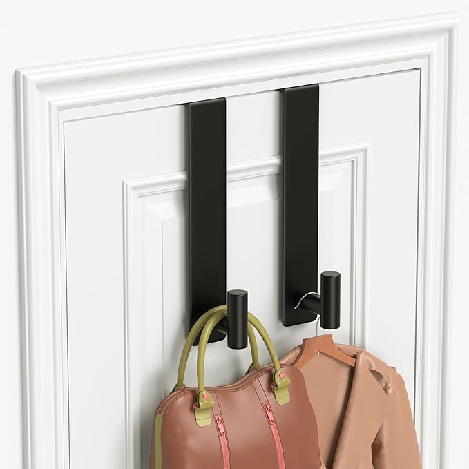 PMMASTO 10 Inch Extended Over The Door Hooks 2-Pack, Rustproof Stainless Steel Door Hanger with Non-Slip Pads for Bathroom Kitchen Entryway (Black, Fits 1-3/4" Thick Door, T Shape 2 Pack)