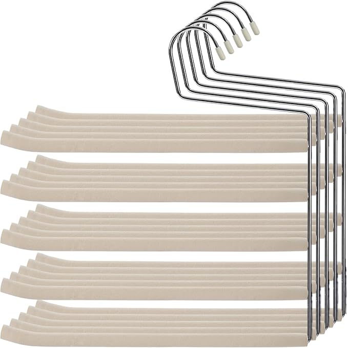 Multi Layer Space Saving Non Slip Tiered Foam Padded No Creases Pants Hangers 5 Tier Steel Open Ended Beige 5 Pack