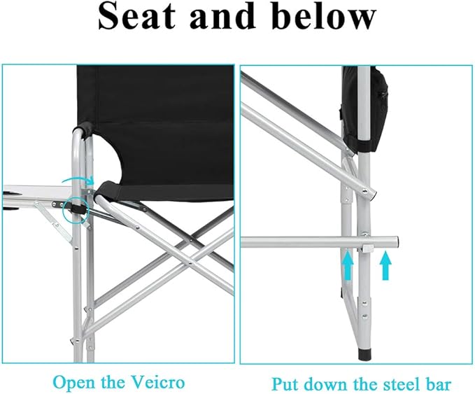 Outvita 2 Piece 26" Tall Directors Chair Height Seat Folding with Side Table Storage Pocket, Support for 300Lbs Portable Makeup Artist Chair with Bar Height(Black)