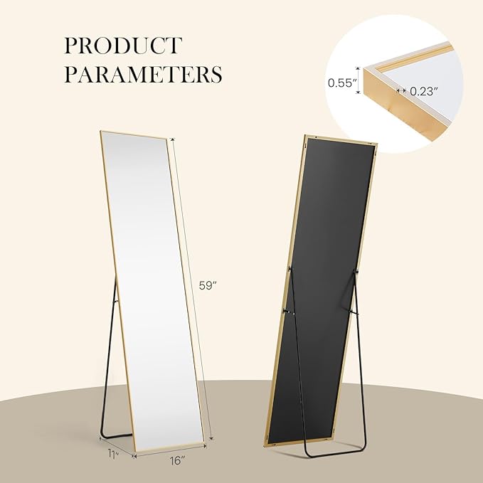 NEWBULIG 59"x16" Full Length Mirror, Full Body Floor Mirror with Aluminum Alloy Thin Frame, Wall or Standing Mirror for Bedroom, Living Room, Dressing Room, Gold-Rect