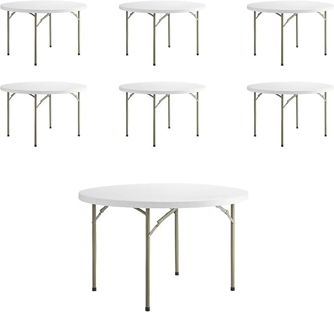 PRO&Family Commercial Round Folding Table, White Top, Powder-Coated Steel Frame, High-Impact Polyethylene Construction, Perfect for Wedding, Party, Shool, Church. (7, 48" Bi-Fold)