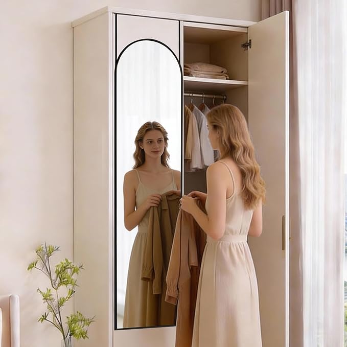 DUMOS Full Length Mirror 47x14 Inches - Arched Full Body Door Hanging Wall Mounted Aluminum Alloy Frame Mirror for Bedroom, Dressing Room, Entryway, Black