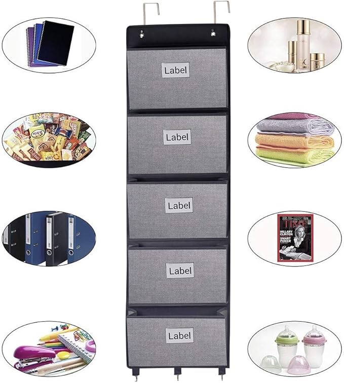 homyfort Over the Door File Organizer, Wall Hanging File Folders with 5 Large Pocket for Mails, Magazines, Back to School Supplies,Office Chart Storage, Paper Organization (Grey)