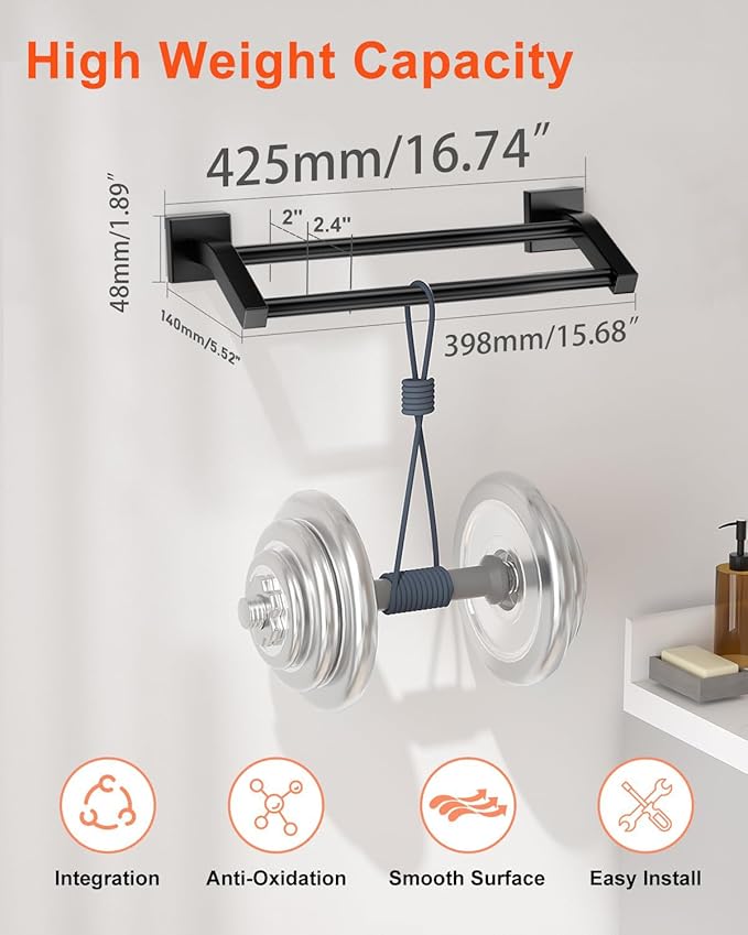 Alise Bath Double Towel Bars, 16 Inch Towel Holder Towel Racks for Bathroom Lavatory,SUS304 Stainless Steel Towel Hanger Towel Rail Wall Mount,Matte Black