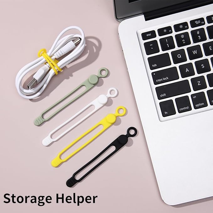 Silicone Cable Ties, 6-Pack Reusable Cord Organizers for Charger Headphone USB Cables, Elastic Wire Management Straps for Home Office Travel, Includes Keychain