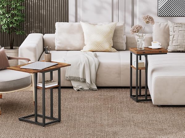 HOOBRO Foldable C Shaped End Table, C Shaped Side Table with Storage Shelf, Small Snack Table, Slide Under Couch Table for Sofa, Living Room Bedroom Small Spaces Easy Assembly, Rustic Brown BF29SF01