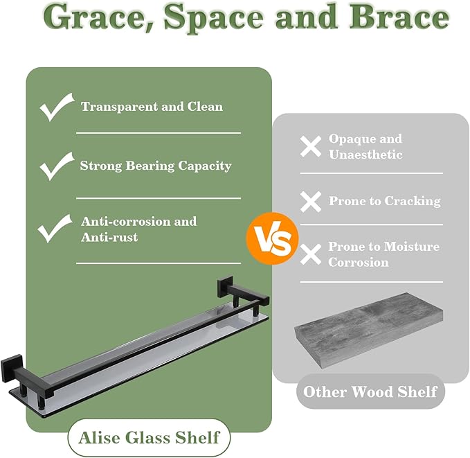 Alise Glass Bathroom Shelves Wall Mounted, 24 Inch Matte Black Tempered Floating Shelves Bathroom, Stainless Steel Bathroom Glass Shelf