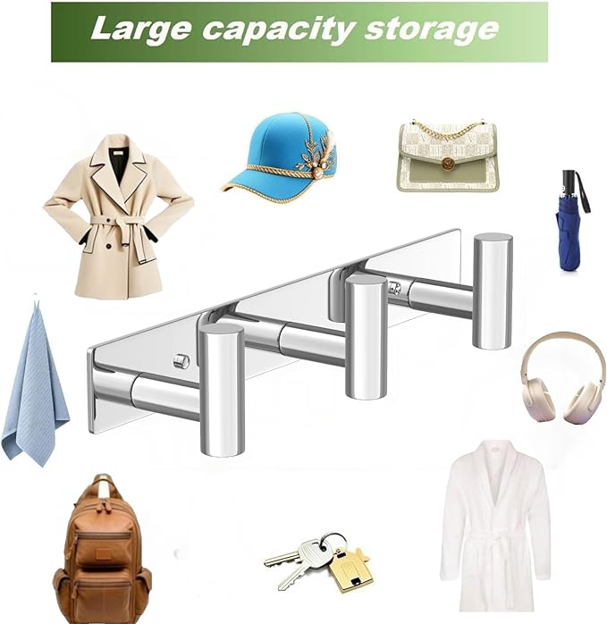 Wall Mounted Coat Rack-3 Hooks, Heavy Duty Stainless Steel Wall Hooks for Towel Coat Bag, Hat Rack Hanger Coat Hooks Towel Racks for Bathroom Entryway Kitchen Hotel (Glossy Chrome, 1 Pack)