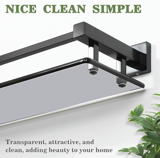 Alise Bathroom Glass Shelf with Stainless Steel Railing, Matte Black Small Tempered Glass Floating Wall Shelf Over The Toilet, 16 inch